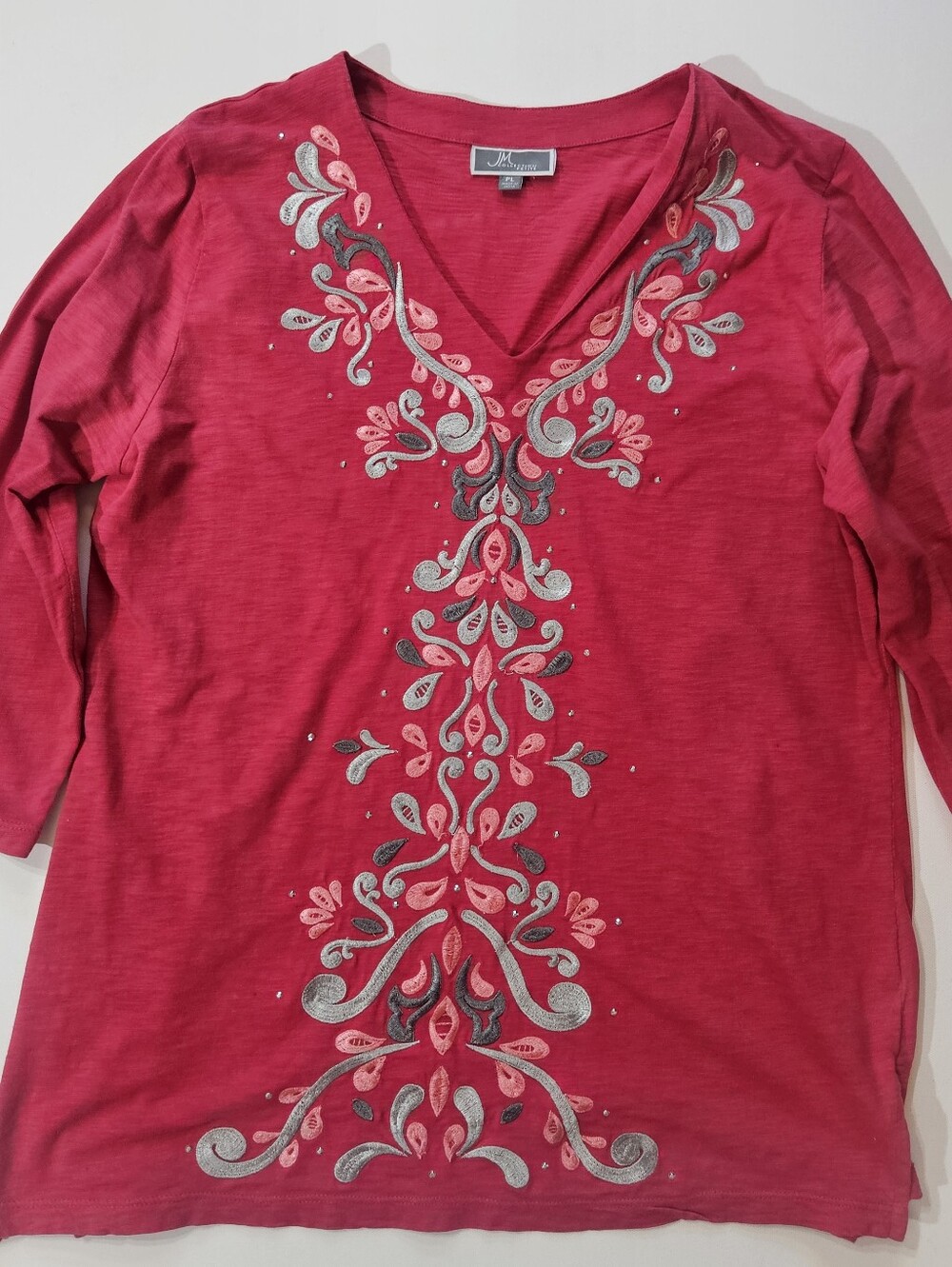 JM Collection Womens Blouse Petite Large Pink Grey Floral Embroidery Cottagecore
